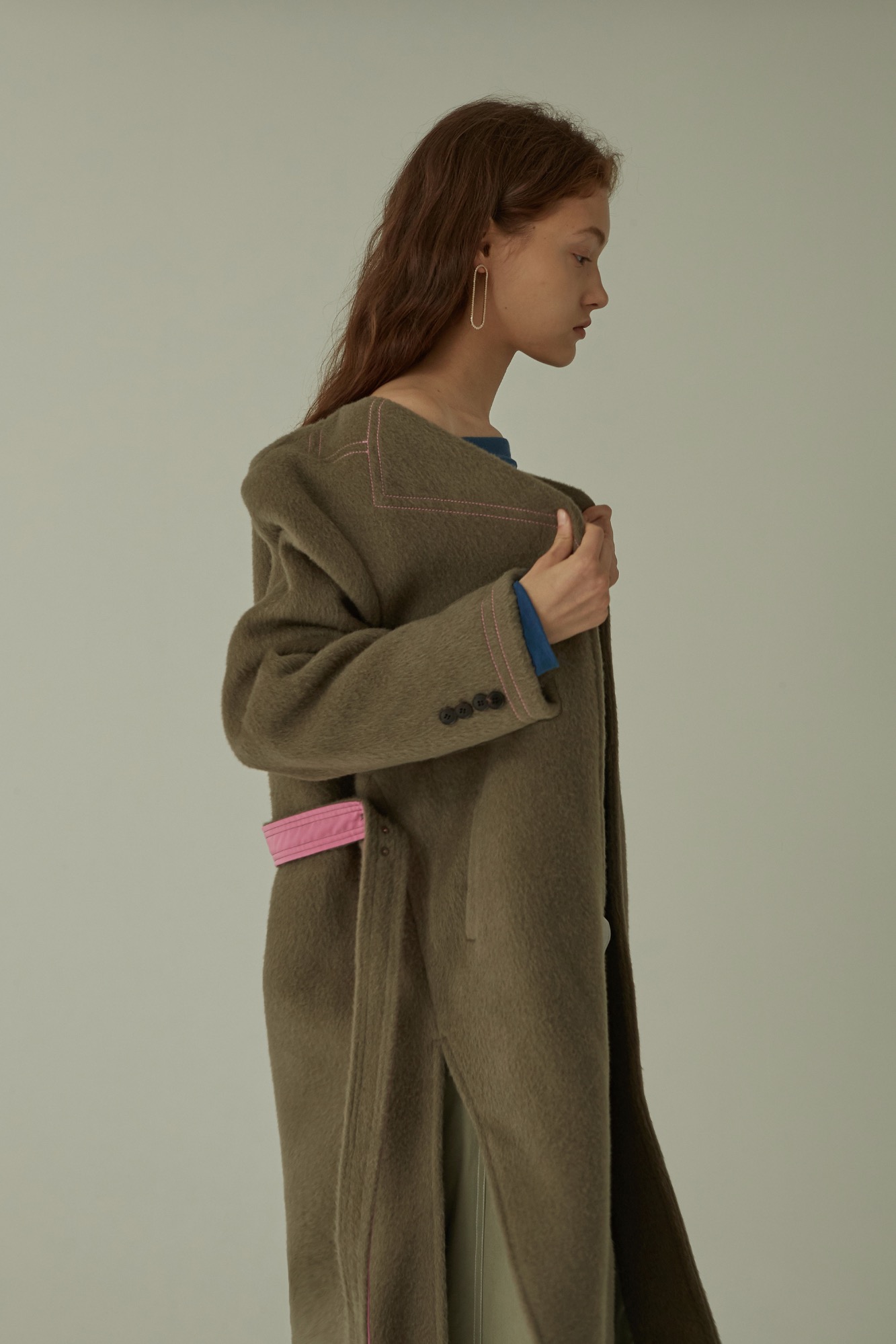 Collar Stitch Wool Coat - Grey Khaki