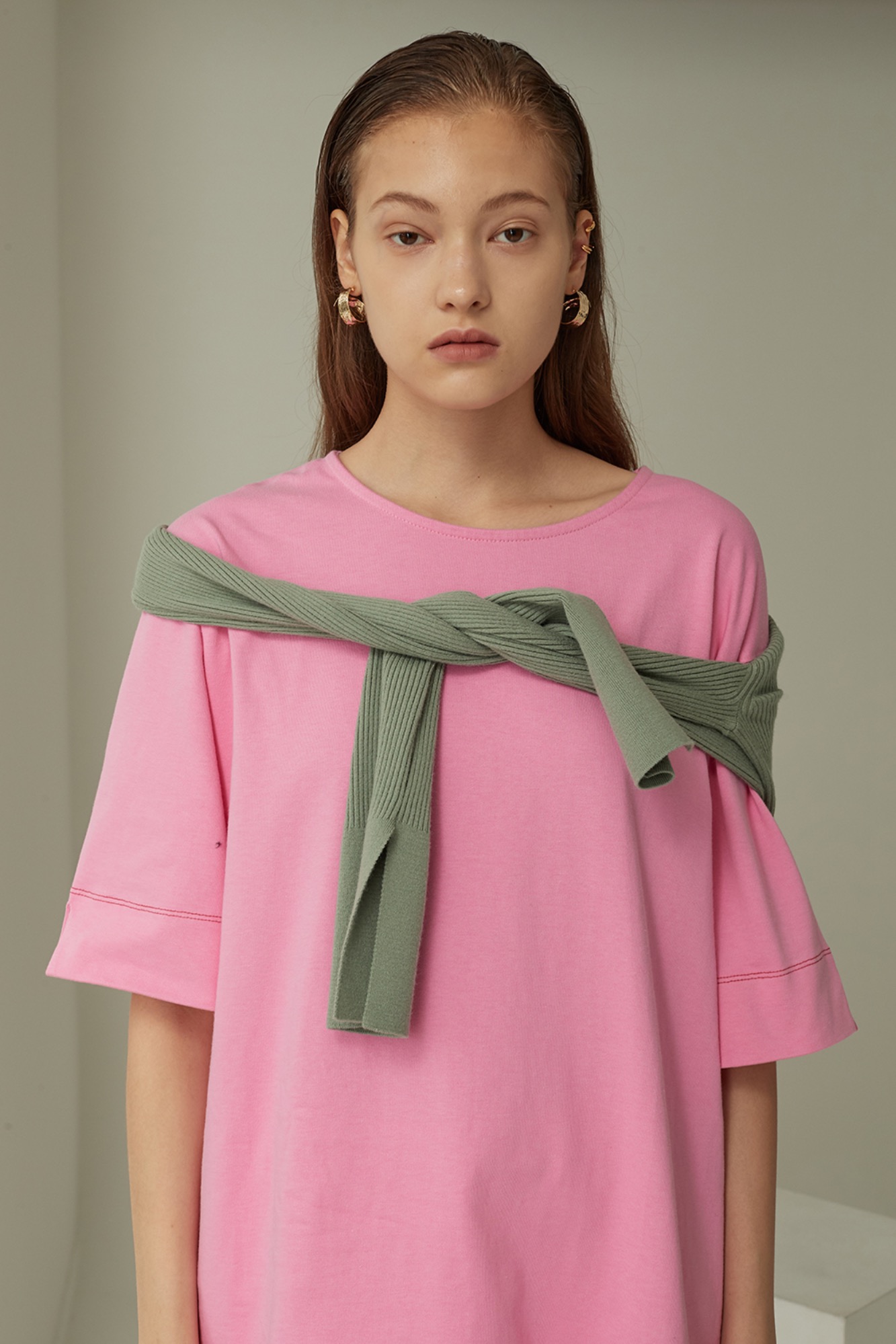 Line Pointed Oversize T-shirt - Pink