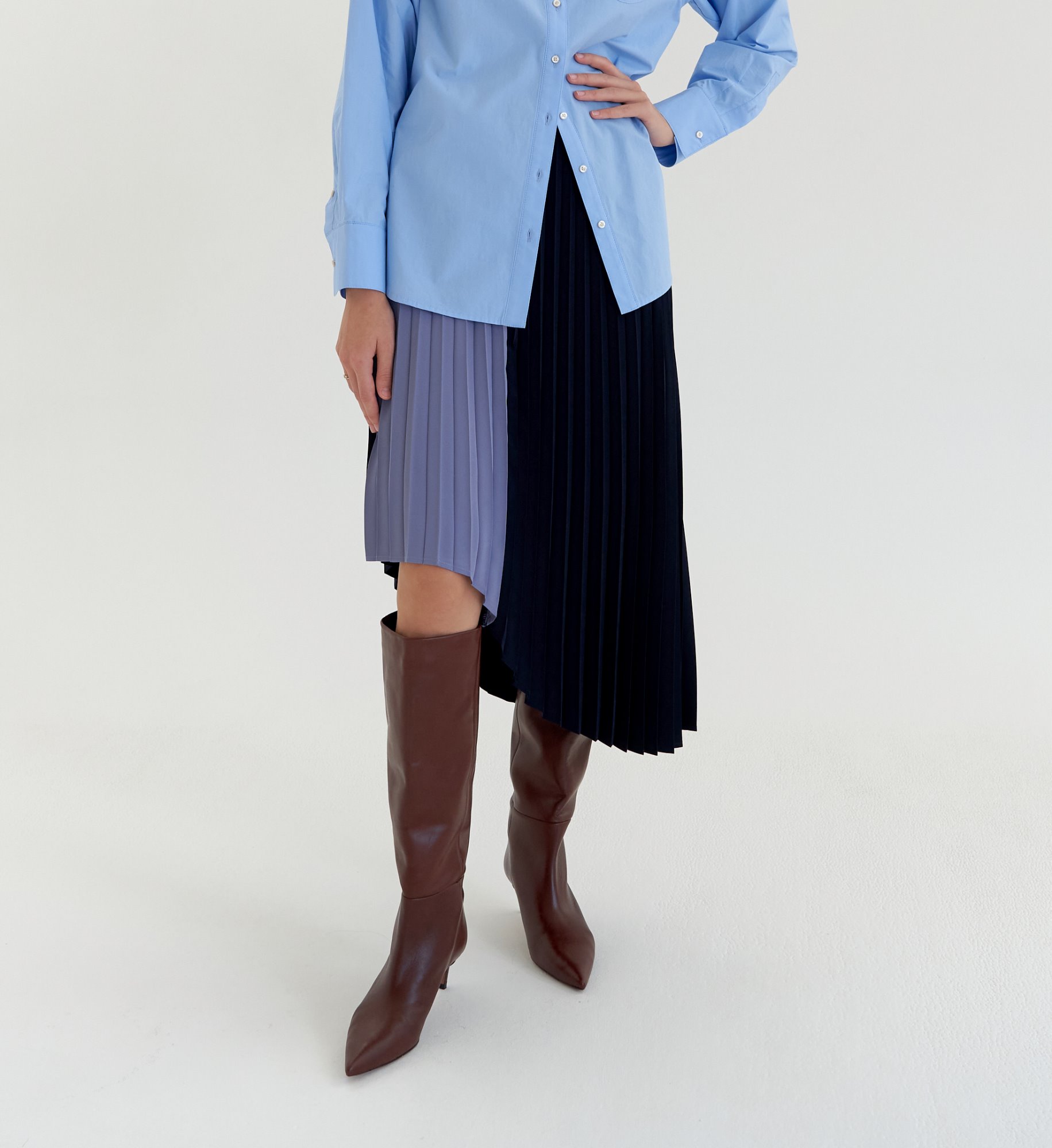 Asymmetry Color Block Pleats Skirt - Navy