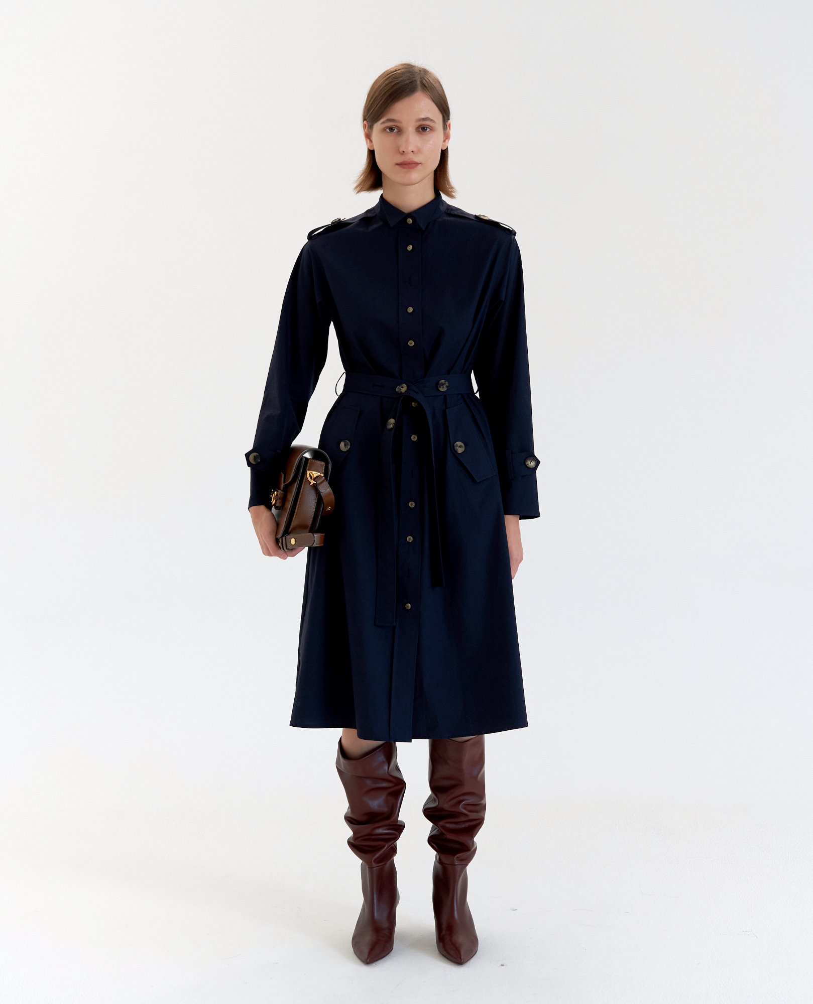 Wing Collar Trench Dress - Navy