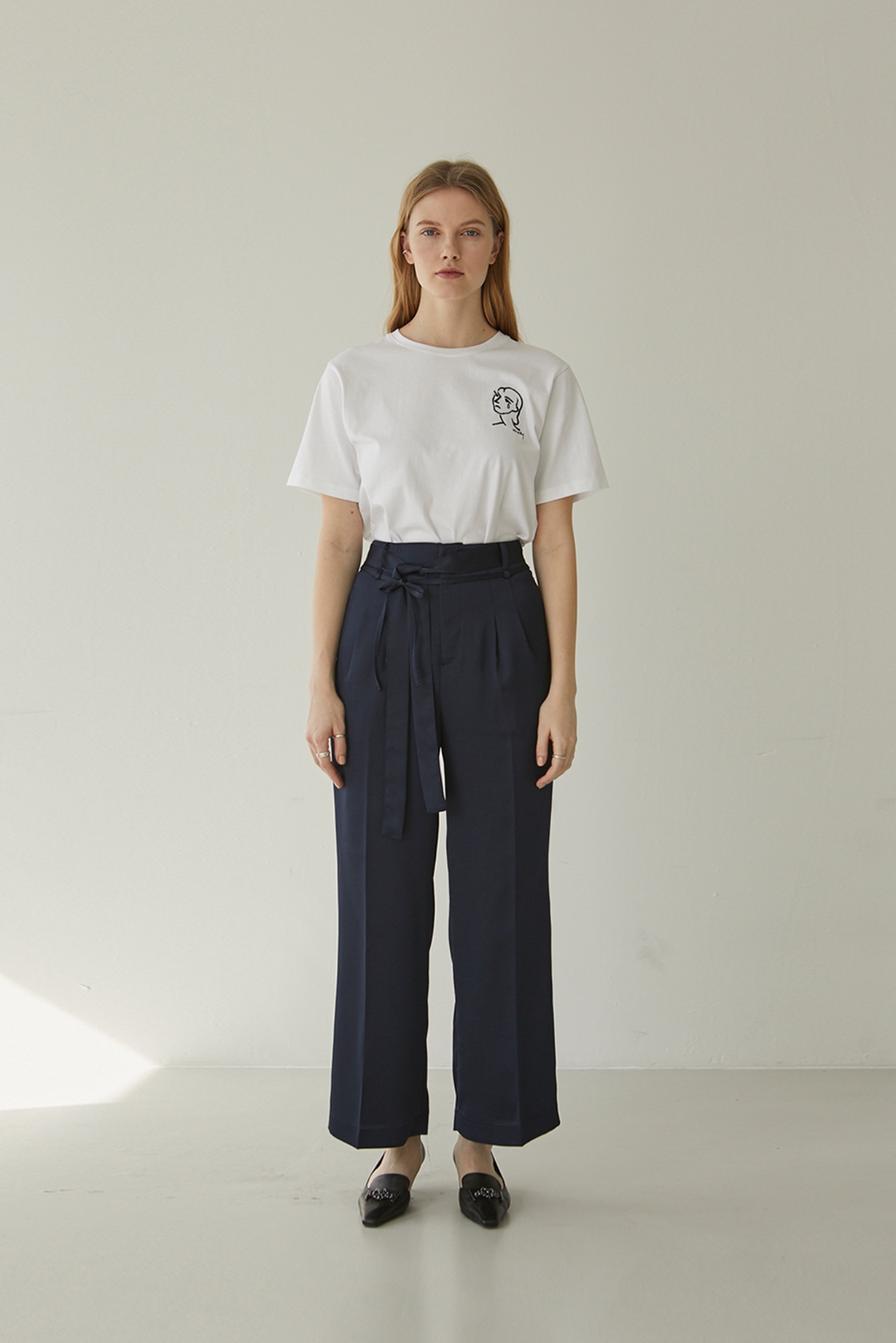 Double Strap Silky Wide Pants - Navy